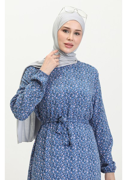 Desenli Viskon Elbise 81867-03 Indigo