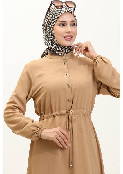 Beli Büzgülü Elbise 1002-02 Vizon