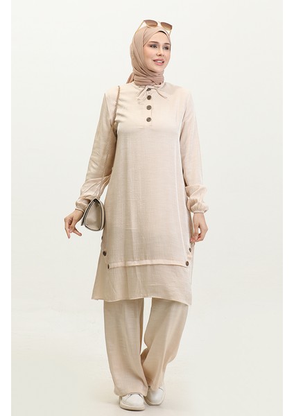 Düğme Detaylı Tunik Pantolon Ikili Takım 11302-05 Krem