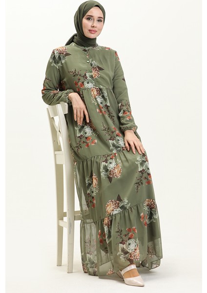 Çiçek Desenli Şifon Elbise 81842-02 Haki