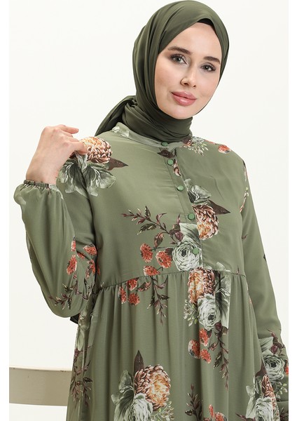 Çiçek Desenli Şifon Elbise 81842-02 Haki modelleri