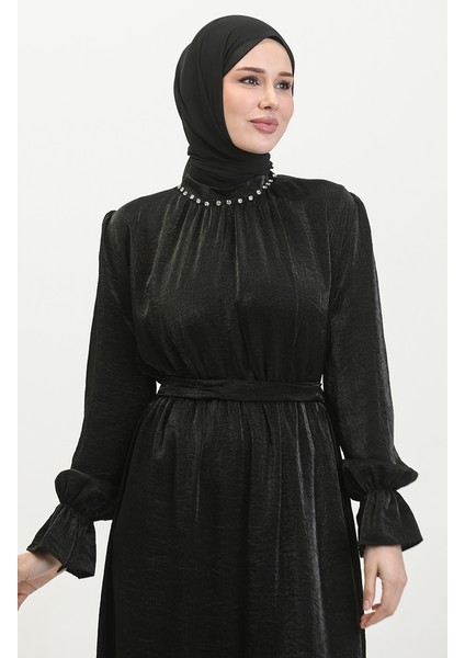 Simli Keten Kuşaklı Elbise 81853-03 Siyah