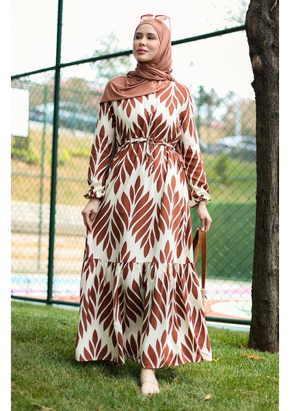 Viskon Fırça Desen Büzgülü Elbise 81869-06 Taba