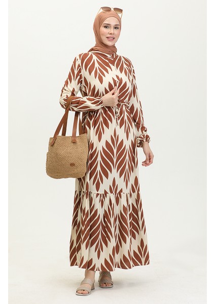 Viskon Fırça Desen Büzgülü Elbise 81869-06 Taba modelleri