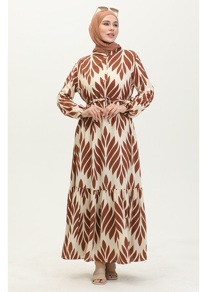 Viskon Fırça Desen Büzgülü Elbise 81869-06 Taba fırsatları