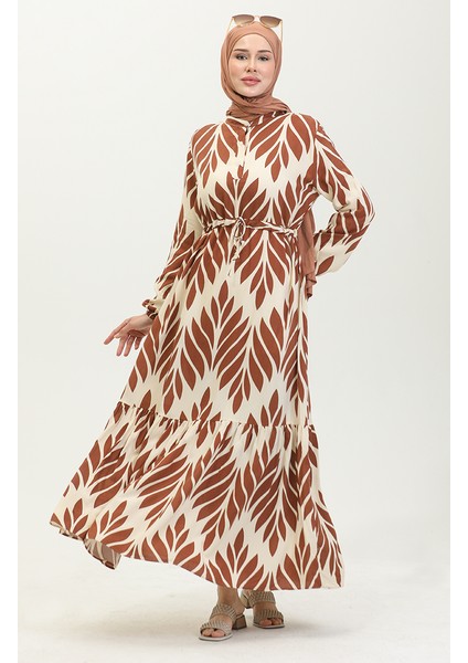 Viskon Fırça Desen Büzgülü Elbise 81869-06 Taba indirimleri