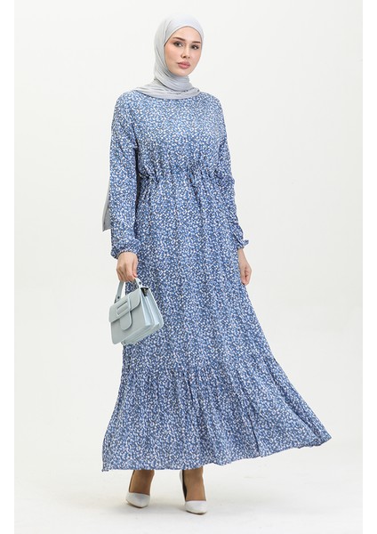 Çiçek Desenli Viskon Elbise 81859-04 Indigo