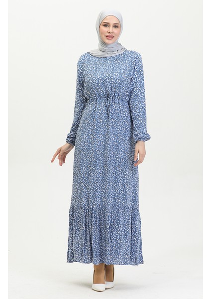 Çiçek Desenli Viskon Elbise 81859-04 Indigo