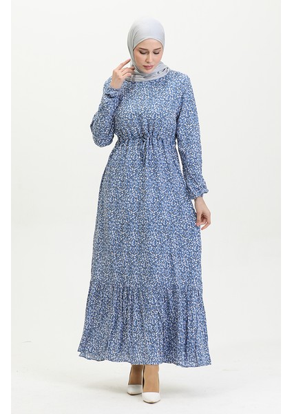 Çiçek Desenli Viskon Elbise 81859-04 Indigo