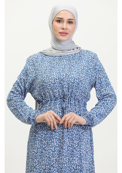 Çiçek Desenli Viskon Elbise 81859-04 Indigo
