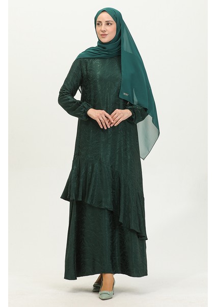 Volan Detaylı Jakarlı Elbise 81866-06 Zümrüt Yeşili