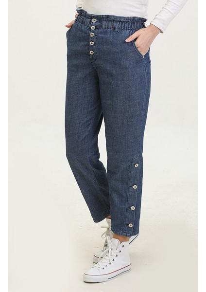 Düğmeli Mom Jean Kot Pantolon 3100131-02 Lacivert