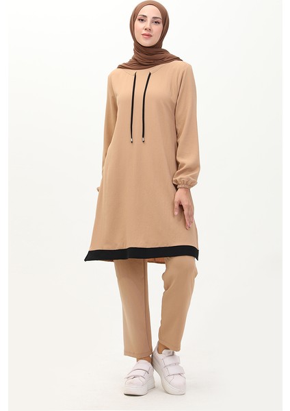 Aerobin Kumaş Garnili Tunik Pantolon Ikili Takım 1003-07 Vizon