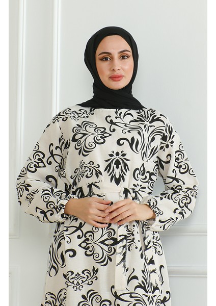 Desenli Kuşaklı Keten Elbise 0471B-03 Bej Siyah