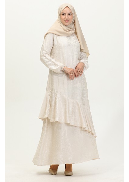 Volan Detaylı Jakarlı Elbise 81866-05 Ekru