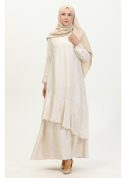 Volan Detaylı Jakarlı Elbise 81866-05 Ekru fiyatları