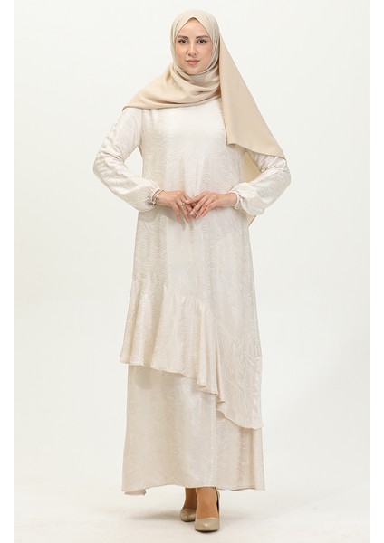 Volan Detaylı Jakarlı Elbise 81866-05 Ekru modelleri