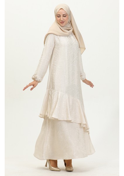 Volan Detaylı Jakarlı Elbise 81866-05 Ekru fırsatları