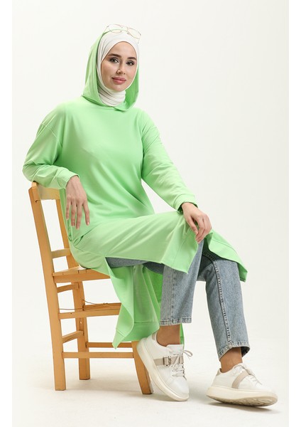 Kapüşonlu Spor Tunik 3007-26 Açık Yeşil