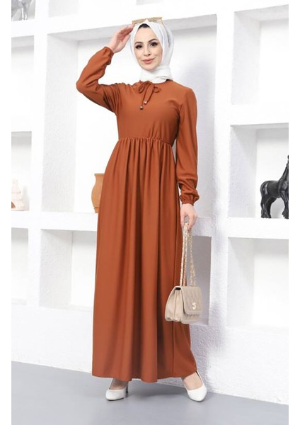 Beli Büzgülü Elbise 0575-11 Taba