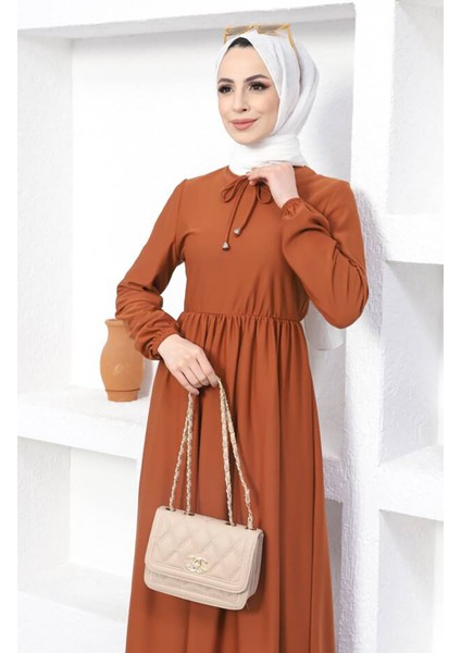 Beli Büzgülü Elbise 0575-11 Taba