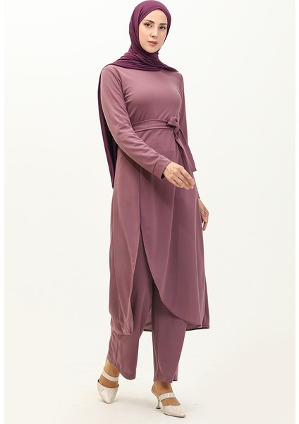 Yırtmaçlı Tunik Pantolon Ikili Takım 0664-04 Koyu Lila