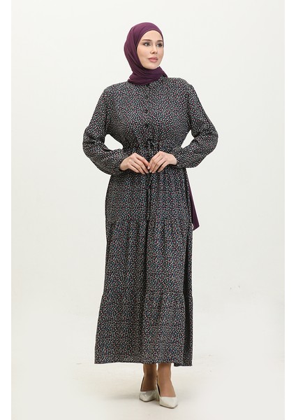 Yarım Düğmeli Desenli Elbise 0368-01 Lacivert fiyatları