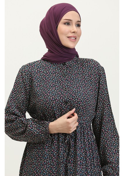 Yarım Düğmeli Desenli Elbise 0368-01 Lacivert modelleri