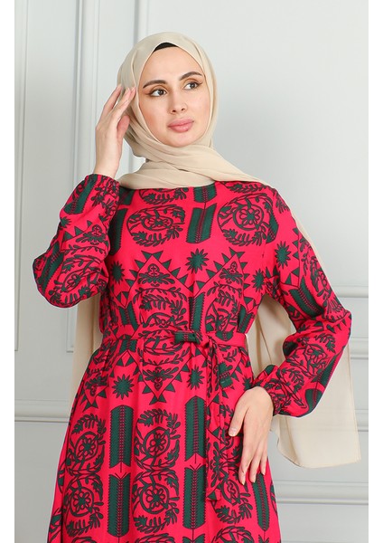 Desenli Kuşaklı Viskon Elbise 0499-08 Fuşya