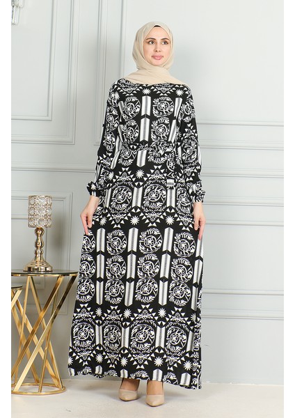 Desenli Kuşaklı Viskon Elbise 0499-09 Siyah Beyaz