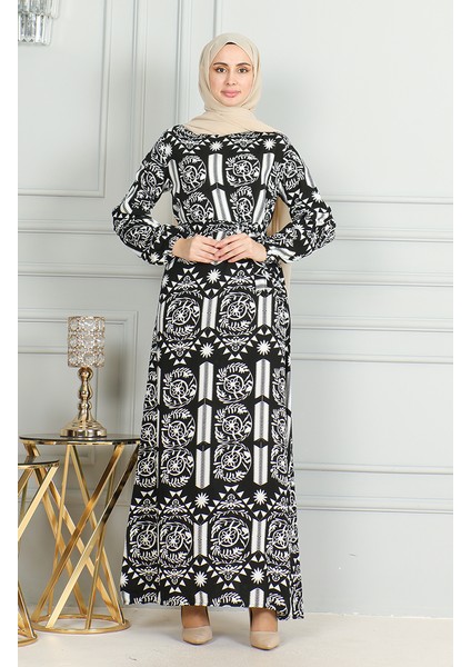 Desenli Kuşaklı Viskon Elbise 0499-09 Siyah Beyaz fiyatları