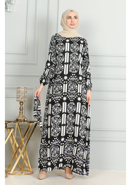 Desenli Kuşaklı Viskon Elbise 0499-09 Siyah Beyaz modelleri