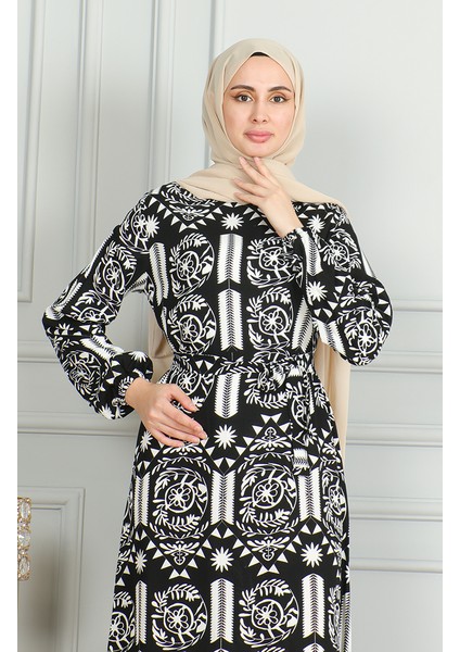 Desenli Kuşaklı Viskon Elbise 0499-09 Siyah Beyaz fırsatları