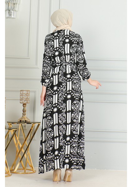 Desenli Kuşaklı Viskon Elbise 0499-09 Siyah Beyaz indirimleri