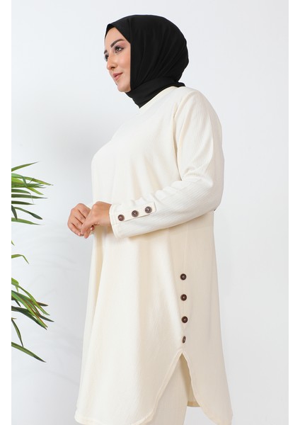 Büyük Beden Taşlı Tunik Pantolon Ikili Takım 2658-04 Krem