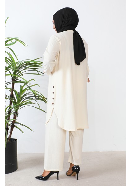 Büyük Beden Taşlı Tunik Pantolon Ikili Takım 2658-04 Krem