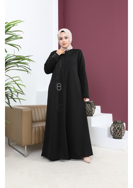 Büyük Beden Taşlı Ferace 5063-01 Siyah