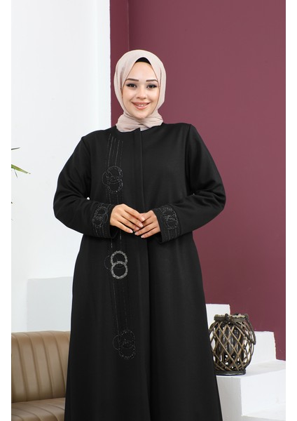 Büyük Beden Taşlı Ferace 5063-01 Siyah
