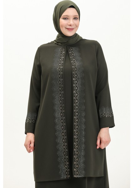 Büyük Beden Taş Baskılı Abiye Elbise 6092-01 Haki