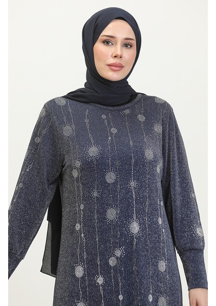 Taşlı Simli Elbise 0408-03 Lacivert