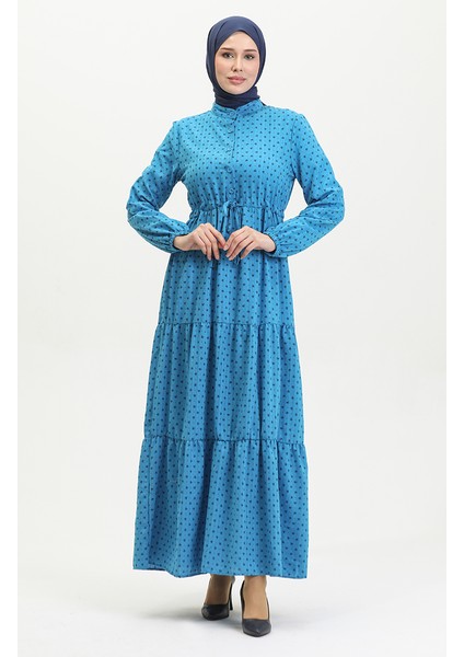 Yarım Düğmeli Desenli Elbise 0387-06 Indigo