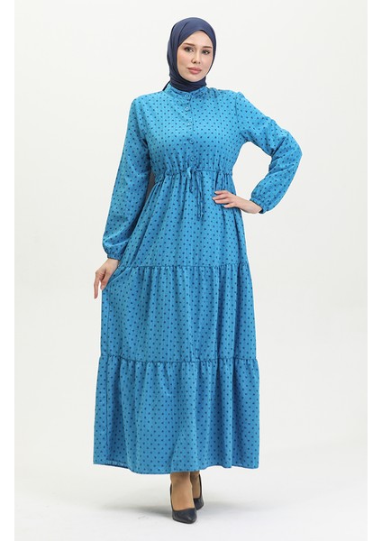 Yarım Düğmeli Desenli Elbise 0387-06 Indigo