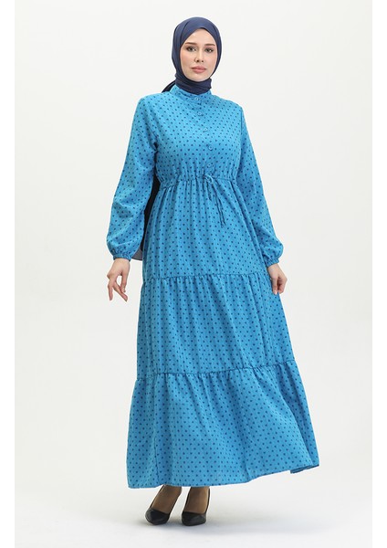 Yarım Düğmeli Desenli Elbise 0387-06 Indigo