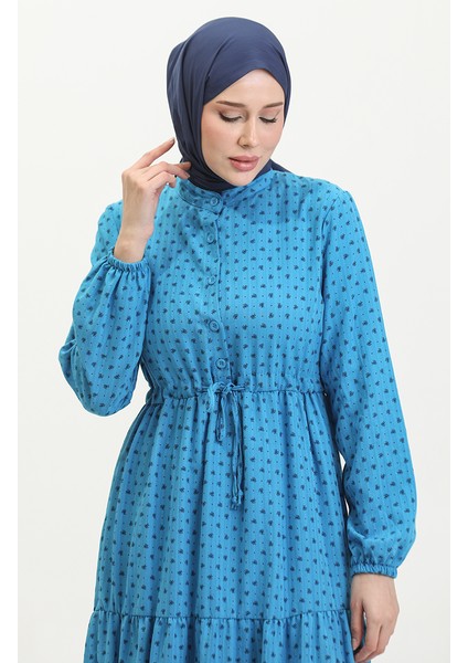 Yarım Düğmeli Desenli Elbise 0387-06 Indigo