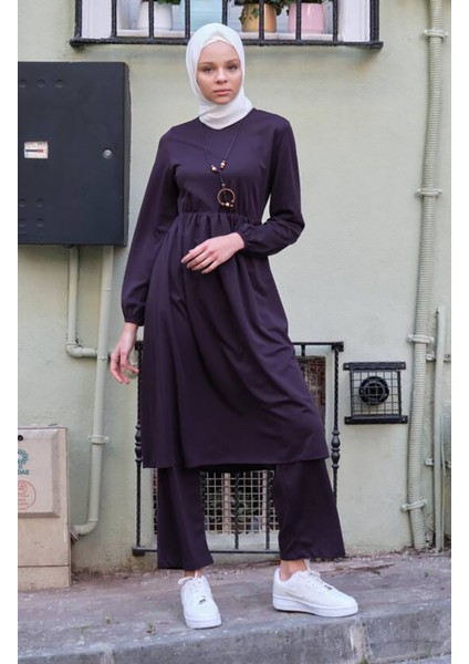 Kolyeli Tunik Pantolon Ikili Takım 0583-04 Mürdüm