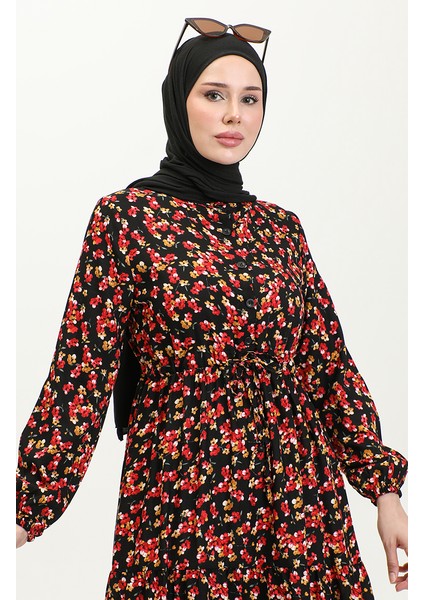 Çiçek Desenli Viskon Elbise 0426-03 Siyah Kırmızı
