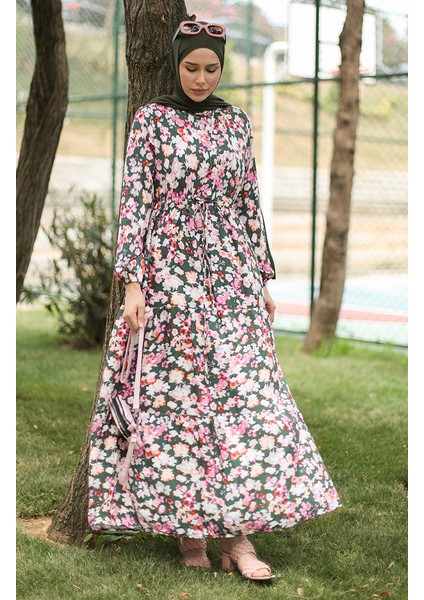 Çiçek Desenli Viskon Elbise 0442-01 Zümrüt Yeşili Pembe