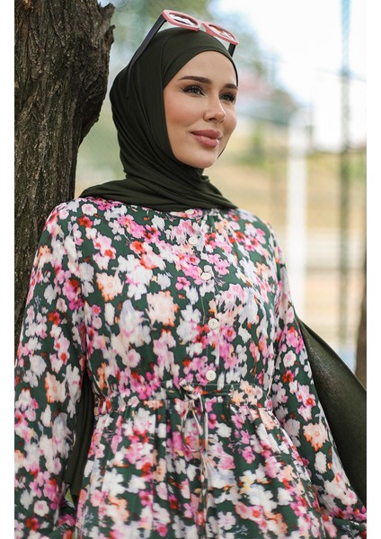 Çiçek Desenli Viskon Elbise 0442-01 Zümrüt Yeşili Pembe