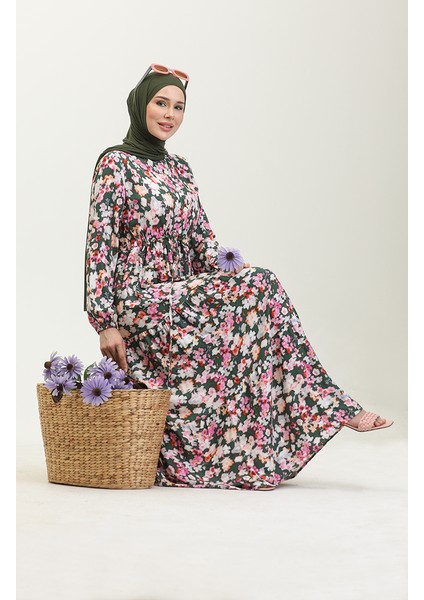 Çiçek Desenli Viskon Elbise 0442-01 Zümrüt Yeşili Pembe