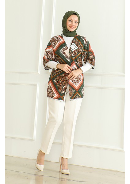 Desenli Viskon Kimono 83006D-01 Haki Kahverengi